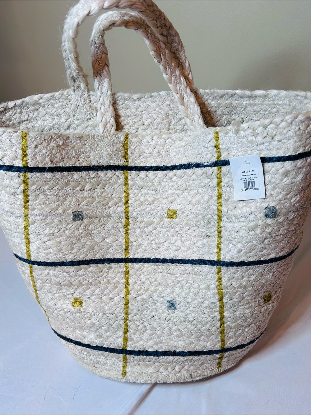 West Elm Jute Bag With Handles cream blue & yellow grid 12 Inches High NWT - Picture 3 of 6
